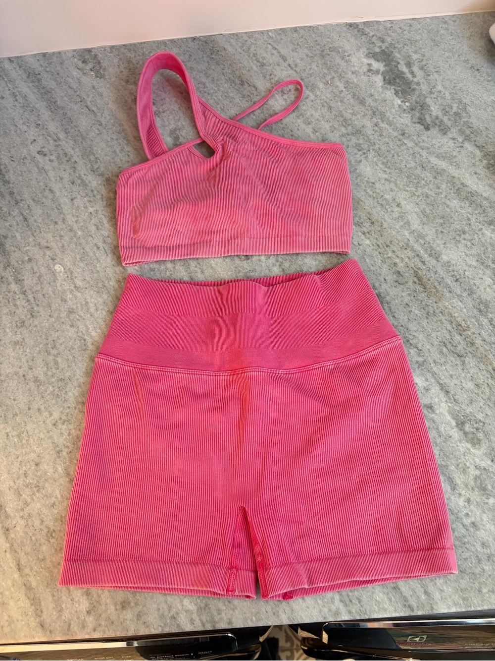 Spiritual Gangster Hot Pink Ribbed Asymmetric Sports Bra & High-Waist Shorts Set